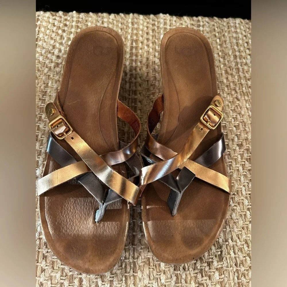 UGG Adalie Metallic Cork Wedge Sandals Size 7.5 Festive Spring Strappy Slip On